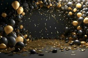 AI generated happy new year background with balloons and confetti black design photo