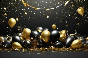 AI generated happy new year background with balloons and confetti black design photo