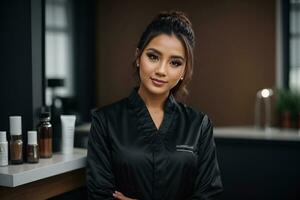 AI generated Adorable cosmetologist with clear skin wearing black medical uniform posing indoors photo