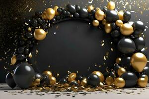 AI generated happy new year background with balloons and confetti black design photo