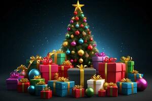 AI generated Realistic Merry Christmas and happy new year celebration background with globes, noel, nativity, tinsel, gift box, winter season photo