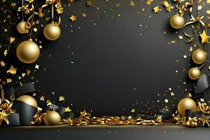 AI generated happy new year background with golden stars and ribbons, black gradient background photo