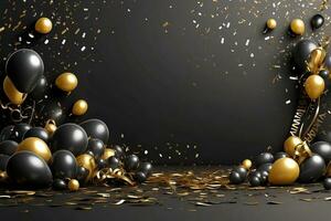 AI generated happy new year background with balloons and confetti black design photo