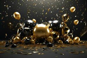 AI generated happy new year background with balloons and confetti black design photo