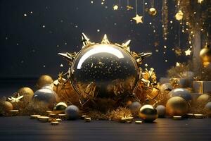 ai generado contento nuevo año saludo con dorado estrellas y decoraciones foto