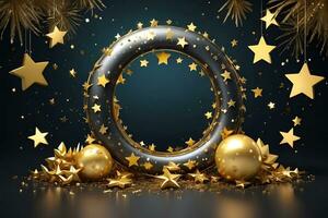 AI generated happy new year background with golden stars and decorations photo