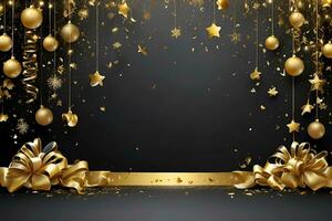 AI generated happy new year background with golden stars and ribbons, black gradient background photo