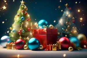 AI generated Realistic Merry Christmas and happy new year celebration background with globes, noel, nativity, tinsel, gift box, winter season photo