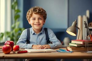 AI generated Smiling american child school boy and girl studying online on laptop at home photo