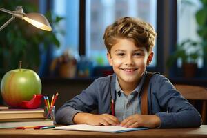 AI generated Smiling american child school boy and girl studying online on laptop at home photo