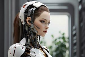 AI generated AI female cyborg futuristic technology artificial intelligence girl illustration. photo