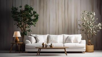 AI generated a white sofa and two lamps in front of a wooden wall photo