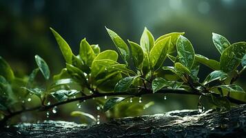 ai generado un planta con agua gotas en eso foto