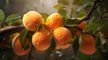 AI generated a bunch of oranges are on a branch with water droplets photo