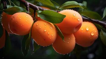 AI generated a bunch of oranges are on a branch with water droplets photo