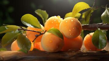 AI generated a bunch of oranges are on a branch with water droplets photo