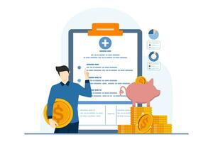 Health insurance concept explained through attractive visuals of co-pay, coverage, and deductible themes, featuring characters interacting with financial elements, flat vector illustration.