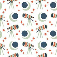 Moon Solar Eclipse Telescope seamless pattern in flat cartoon style for kids education at school, stickers, scrapbooking, nursery room. Vector illustration on white background