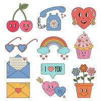 Comic happy heart character in trendy retro 60s 70s cartoon style. Retro valentines day. Set of valentines day elements groovy hippy vintage stickers. Trendy groovy valentines day sticker set. vector