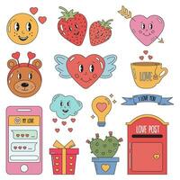 Groovy hippie love sticker set. Retro cartoon happy Valentines day set, characters and elements. 70s 60s aesthetics. Vintage vector. Happy Valentines day elements, smartphone, love, cactus, old music. vector