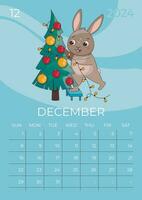Vertical children calendar 2024. Month of December. Hare stands on a stool and decorates the Christmas tree with balls and a garland. A5 format. Vector graphic.