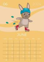 Vertical children calendar 2024. Month of June. Hare in a helmet roller skates. A5 format. Vector graphic.