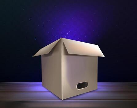 Box on wooden table with space for text on a dark transparent background. Vector illustration. Eps 10