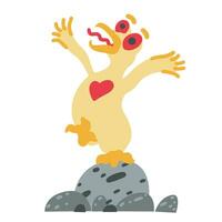 A red-eyed chick with a red heart on its chest stands on a rock vector