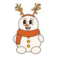 Groovy 70s Christmas sticker. Cartoon character in trendy retro style, comic mascot. Cute christmas snowman vector