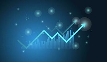 A Financial chart with moving up arrow graph and world map in stock market on blue color background vector