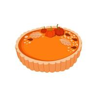 Pumpkin pie decorated with small pumpkins and seeds. Thanksgiving and Holiday Christmas sweet cake. Tasty sweet desserts. Illustration for recipe cookbook. Vector flat illustration.