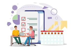 Two colleagues sitting at the desk next to the big checklist. Cartoon people making plans, tasks, to do list, timetables, business concept illustration vector