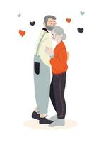 Couple of old people in love hugging. Love of all ages. Valentines Day greeting card. Festive bright postcard, congratulations, poster. Vector flat illustration.