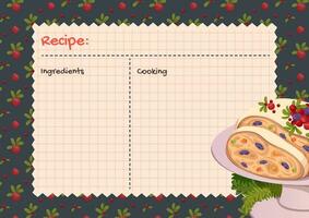 Horizontal recipe card with Christmas Stollen. Dessert for festive table. Traditional festive German cake. Empty cookbook pages decorated with Food icons and elements. Vector flat illustration.