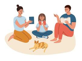 Mom, dad and daughter are reading books. Concept of family time. Flat vector illustration.