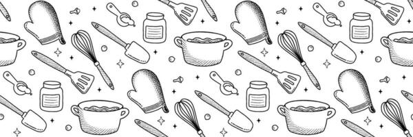 Kitchenware line Pattern. Food icons and elements. Bakery process Cookbook cute home menu. Seamless Pattern for background printing on wrapping paper, wallpaper or fabric. Icon vector illustration.