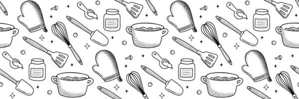 batería de cocina línea modelo. comida íconos y elementos. panadería proceso libro de cocina linda hogar menú. sin costura modelo para antecedentes impresión en envase papel, fondo de pantalla o tela. icono vector ilustración.