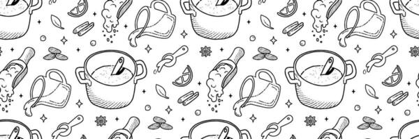 Kitchenware and Cook ingredients line Pattern. Food icons and elements. Cookbook cute home menu. Pattern for background, printing on wrapping paper, wallpaper or fabric. Cartoon vector illustration.