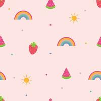 Seamless pattern with cute watermelon, rainbow, sun, and strawberry vector