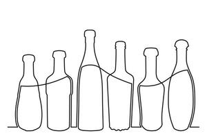 Sketch drawing of a bottle of different shapes in the style of one solid continuous line. Collection of alcoholic drinks vector