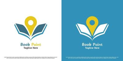 Book point logo design illustration. Silhouette of a book, pin point, navigation, building, reading book, learning science, student library, literacy. Abstract creative simple modern minimal flat icon vector