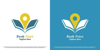 Book point logo design illustration. Silhouette of a book, pin point, navigation, building, reading book, learning science, student library, literacy. Abstract creative simple modern minimal flat icon vector