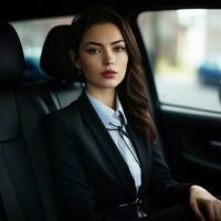 AI generated Beautiful business woman sitting in the back seat of a car. photo