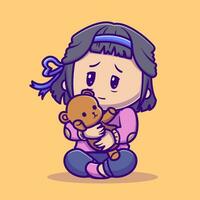 linda chica abrazo ilustración de icono de vector de dibujos animados de oso de peluche. concepto de icono de objeto de personas vector premium aislado. estilo de dibujos animados plana