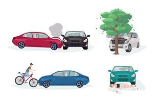 la carretera accidente diferente situaciones recopilación. coche choque con auto, árbol, bicicleta y patinador. vistoso vector ilustración colocar.