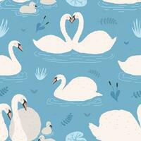 Seamless pattern with white swans. Singles and birds pairs with chicks. Swan's couples on blue background. Colorful vector illustration.