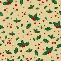 Christmas seamless pattern with holly berry and leaves for winter holiday, wrapping paper vector