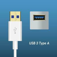 USB 3 tipo un cable tapones y enchufe aislado en azul antecedentes. eps10 vector. vector