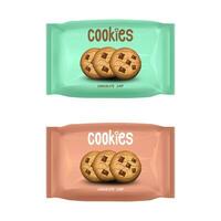 Design green and brown foil packaging template for chocolate chip cookies snack. Vector illustration EPS 10.