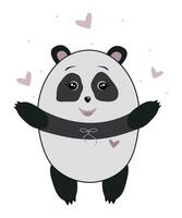 Happy cute panda juggles hearts, vector color illustration is suitable for a postcard or can be used as a print for t-shirt, notepad cover, etc.